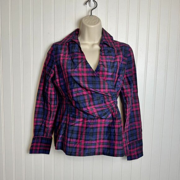 Talbots plaid faux wrap silk blend long sleeve top size 4 petite G45 - Picture 2 of 8
